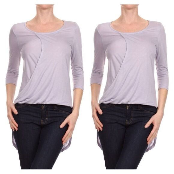 Lilac Purple Light Lavender Surplice High Low 3/4 Sleeve Lightweight Top - Picture 4 of 4